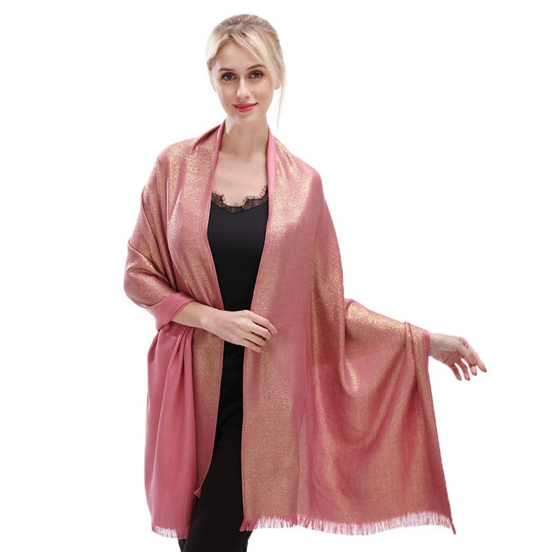 LMVERNA Women Sparkling Metallic Fringed Scarf Lightweight Fashion Large Pashmina Shawls and Wraps for Evening Dresses(Rose-Gold) - Image 1
